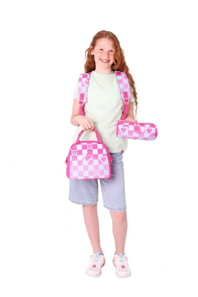 Kaukko Nature Üçlü Kız Çocuk Okul Çanta Seti - Pembe - Dama ve Kalp Desenli - Resim 3