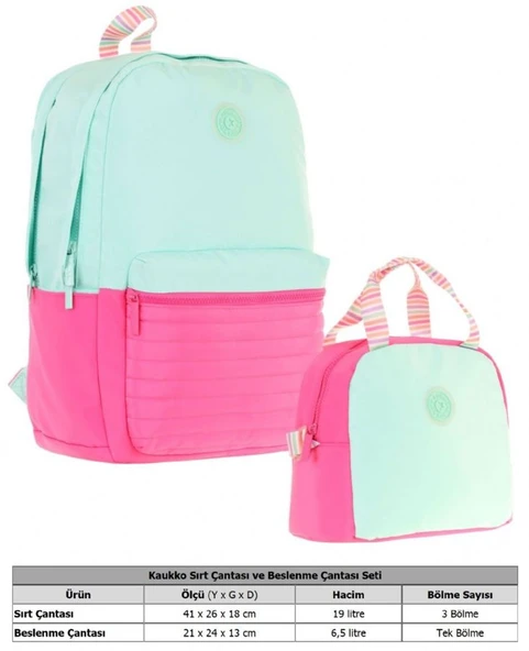 Kaukko Quick Yeşil Pembe Kapitone Detaylı Okul Çantası ve Isı Yalıtımlı Beslenme Seti - Kız Çocuk - Resim 2