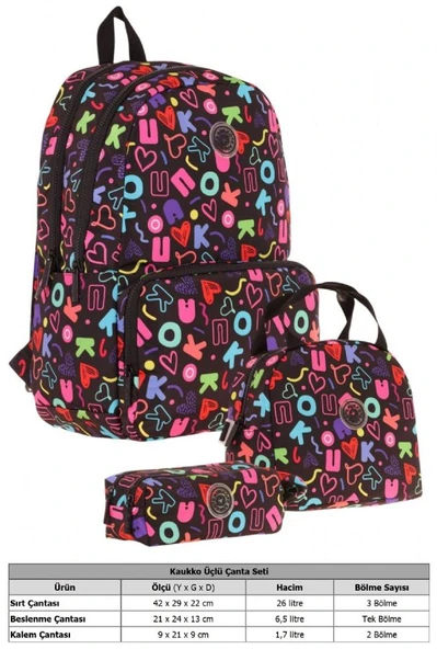 Kaukko Brokar Üçlü Okul Çanta Seti - Siyah - Kalp ve Kaukko Baskılı - Kız Çocuk - Resim 2