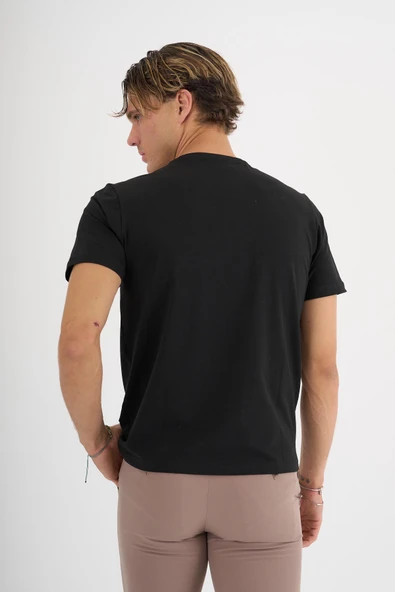 Erkek Siyah %100 Pamuklu Standart Kalıp Likralı  Basic T-Shirt - 4