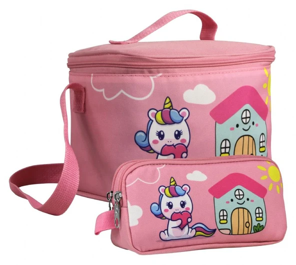Cennec Kız Çocuk Unicorn Desenli Pembe Yeşil Beslenme Çantası ve Kalemlik Seti ürün görseli