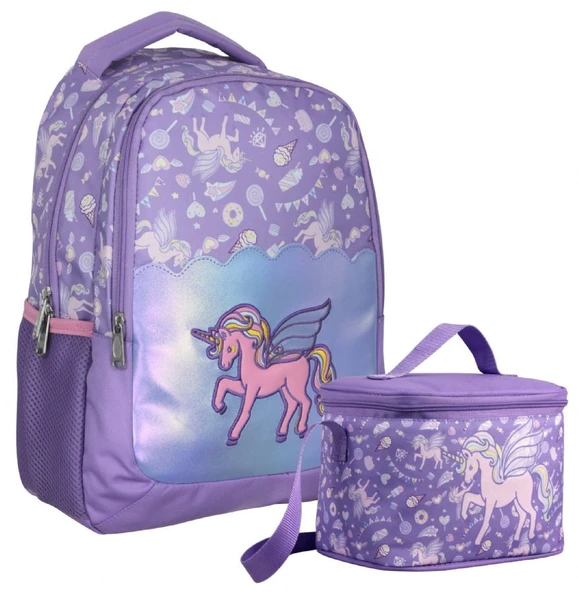 Cennec Nakışlı Unicorn Pegasus Desenli Kız Çocuk Lila İkili Çanta ve Beslenme Seti - SETUMT5027B ürün görseli