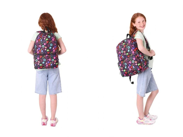 Kaukko Brokar Kalp ve Kaukko Baskılı Siyah Kız Çocuk Okul Çantası ve Kalemlik Seti - Resim 3