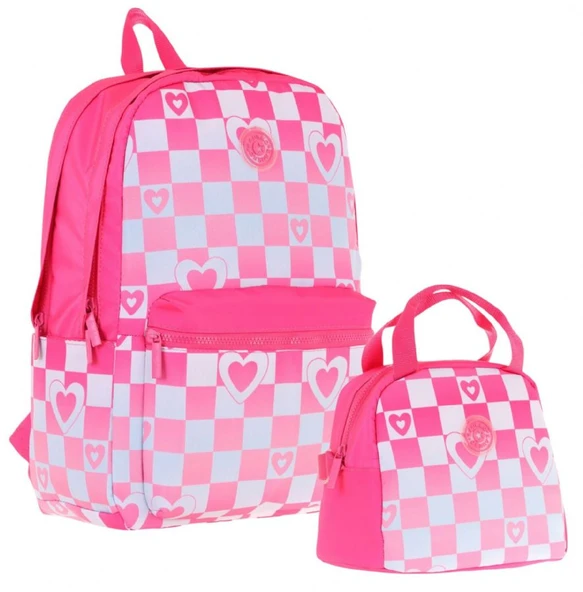 Kaukko Nature Pembe Dama ve Kalp Desenli Okul Çantası ve Isı Yalıtımlı Beslenme Seti - Kız Çocuk ürün görseli