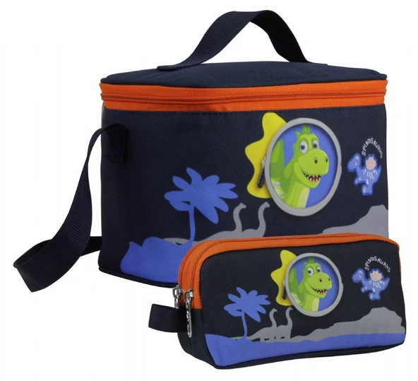 Cennec Erkek Çocuk Sevimli Dinazor Desenli Mavi Kırmızı Beslenme Çantası ve Kalemlik Seti ürün görseli
