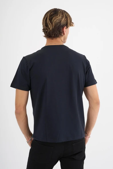 Erkek Lacivert %100 Pamuklu Standart Kalıp  Likralı Basic T-Shirt - 5