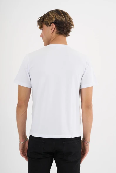 Erkek Beyaz %100 Pamuklu Standart Kalıp Likralı  Basic T-Shirt - 4