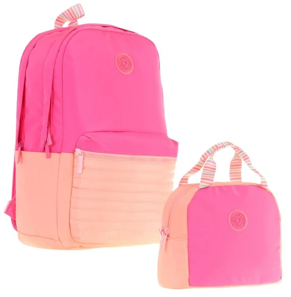 Kaukko Quick Pembe Turuncu Kapitone Detaylı Okul Çantası ve Isı Yalıtımlı Beslenme Seti - Kız Çocuk ürün görseli