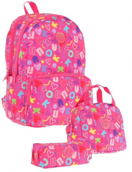 Kaukko Brokar Üçlü Okul Çanta Seti - Pembe - Kalp ve Kaukko Baskılı - Kız Çocuk ürün görseli
