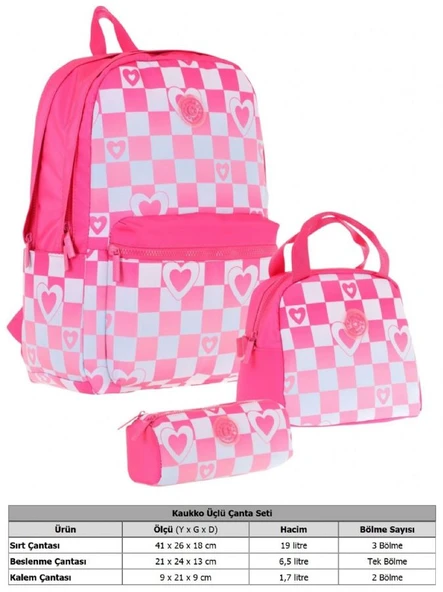 Kaukko Nature Üçlü Kız Çocuk Okul Çanta Seti - Pembe - Dama ve Kalp Desenli - Resim 2