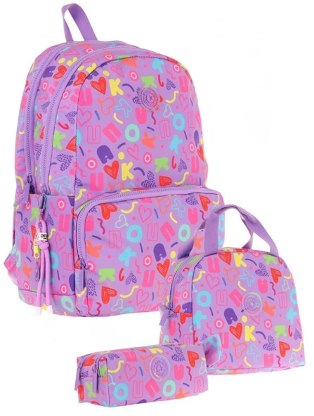 Kaukko Brokar Üçlü Okul Çanta Seti - Mor - Kalp ve Kaukko Baskılı - Kız Çocuk ürün görseli