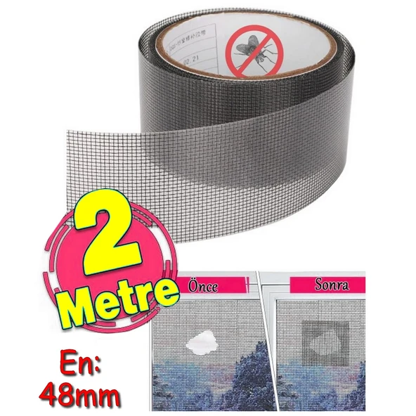 Yapışkanlı Sineklik Yaması Tülü Tamir Bandı Bantı Delik Fiber Tül Yapıştırma Gri 48 mm X 2 Metre - 1