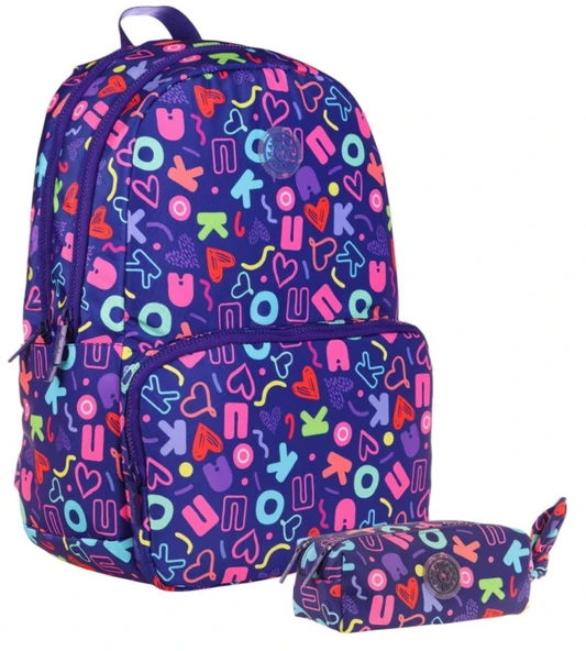 Kaukko Brokar Kalp ve Kaukko Baskılı Lacivert Kız Çocuk Okul Çantası ve Kalemlik Seti ürün görseli