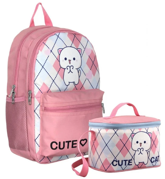 Cennec Love Cute Cat Desenli Kız Çocuk Beyaz Pembe İkili Çanta ve Beslenme Seti - SETUMT5024B ürün görseli