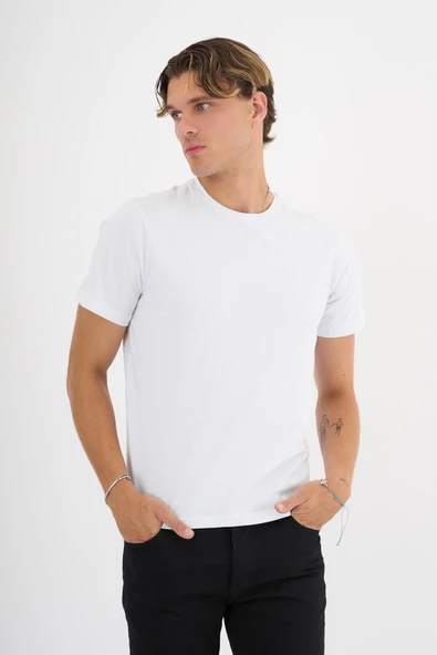 Erkek Beyaz %100 Pamuklu Standart Kalıp Likralı  Basic T-Shirt - 6