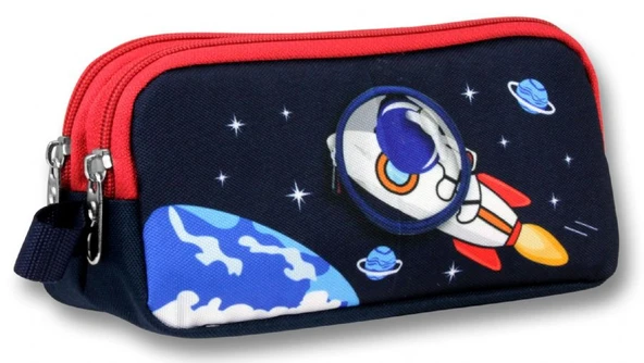 Ümit Çanta Erkek Çocuklar İçin İki Bölmeli Astronot Desenli Kalemlik - Lacivert Kırmızı - 5044