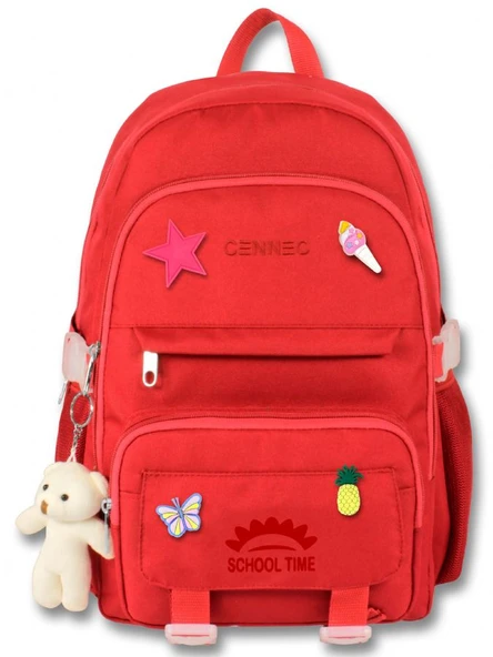 Cennec Çok Bölmeli Kız Çocuk Kırmızı İlkokul ve Günlük Sırt Çantası - 5075 - Resim 2