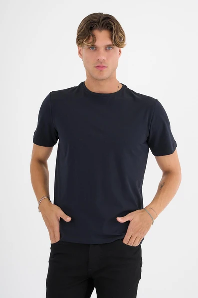 Erkek Lacivert %100 Pamuklu Standart Kalıp  Likralı Basic T-Shirt