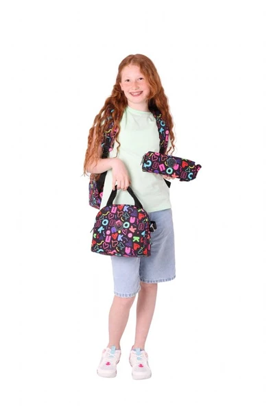 Kaukko Brokar Üçlü Okul Çanta Seti - Siyah - Kalp ve Kaukko Baskılı - Kız Çocuk - Resim 3