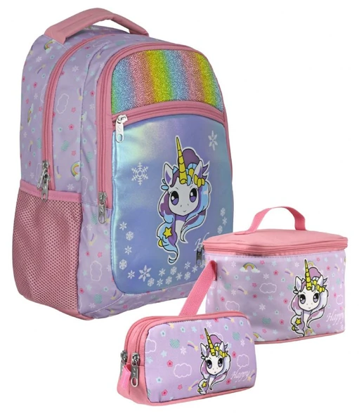 Cennec SETUMT5015A Üçlü İlkokul Çanta Seti (Turkuaz Pembe - Gökkuşağı Unicorn - Kız Çocuk - Simli Kumaş) ürün görseli