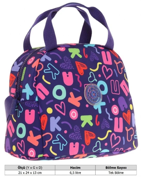 Kaukko Kız Çocuklarına Özel Lacivert Kalp ve Kaukko Baskılı Beslenme Çantası (Isı Yalıtımlı) (K9057) - Resim 3