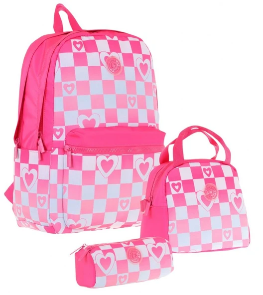 Kaukko Nature Üçlü Kız Çocuk Okul Çanta Seti - Pembe - Dama ve Kalp Desenli ürün görseli