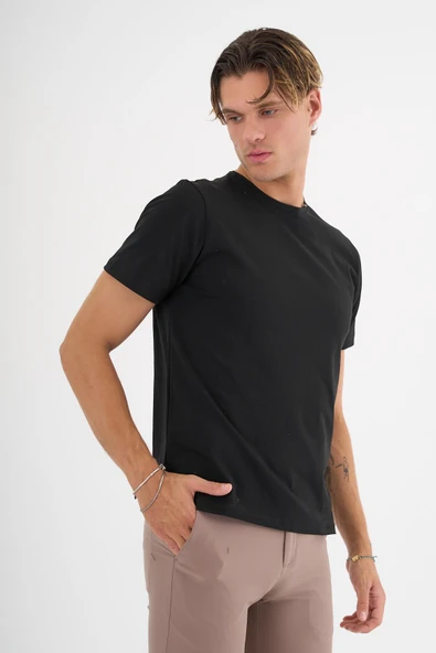 Erkek Siyah %100 Pamuklu Standart Kalıp Likralı  Basic T-Shirt - 3