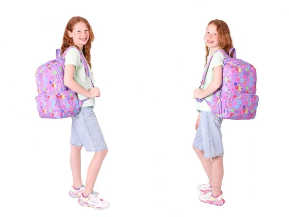 Kaukko Brokar Üçlü Okul Çanta Seti - Mor - Kalp ve Kaukko Baskılı - Kız Çocuk - Resim 4