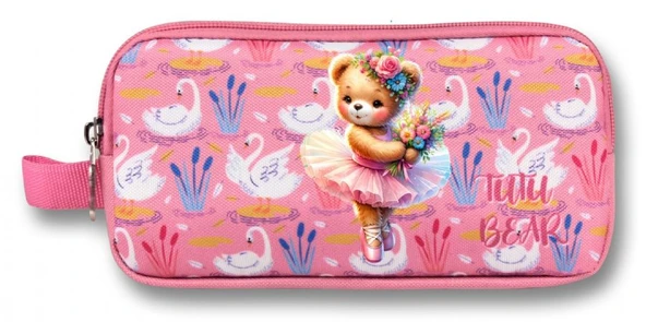 Ümit Çanta Kız Çocuklar İçin İki Bölmeli Balerin Ayıcık Baskılı Kalemlik - Pembe - 5002 - Resim 3