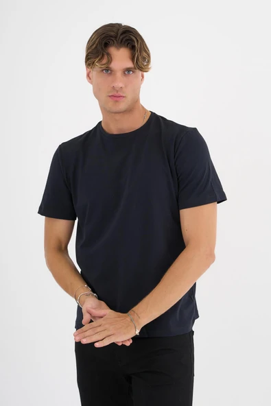 Erkek Lacivert %100 Pamuklu Standart Kalıp  Likralı Basic T-Shirt - 8