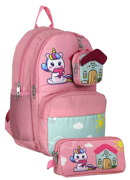 Cennec UMT5051+UMT5053 Sırt Çantası ve Kalemlik Seti (Pembe Yeşil - Unicorn - Kız Çocuk) ürün görseli
