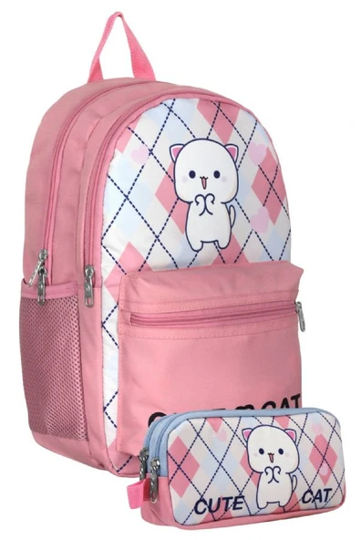 Cennec UMT5024+UMT5026 Sırt Çantası ve Kalemlik Seti (Beyaz Pembe - Love Cute Cat - Kız Çocuk) ürün görseli