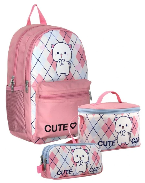 Cennec SETUMT5024A Üçlü İlkokul Çanta Seti (Beyaz Pembe - Love Cute Cat - Kız Çocuk) ürün görseli