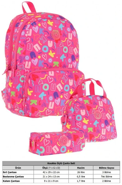 Kaukko Brokar Üçlü Okul Çanta Seti - Pembe - Kalp ve Kaukko Baskılı - Kız Çocuk - Resim 2