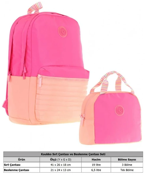 Kaukko Quick Pembe Turuncu Kapitone Detaylı Okul Çantası ve Isı Yalıtımlı Beslenme Seti - Kız Çocuk - Resim 2