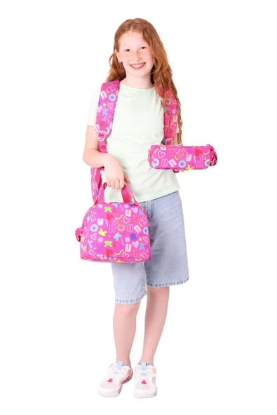 Kaukko Brokar Üçlü Okul Çanta Seti - Pembe - Kalp ve Kaukko Baskılı - Kız Çocuk - Resim 3