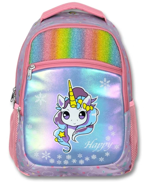 Ümit Çanta Üç Gözlü Kız Çocuk İlkokul Çantası - Gökkuşağı Unicorn - Turkuaz Pembe - 5015 - Resim 2