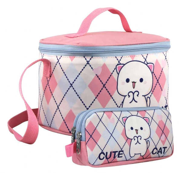 Cennec Kız Çocuk Love Cute Cat Desenli Beyaz Pembe Beslenme Çantası ve Kalemlik Seti ürün görseli