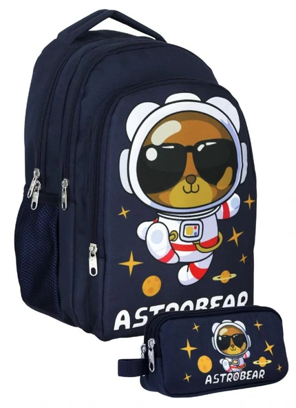 Cennec Lacivert Beyaz Astronot Ayıcık Baskılı Erkek Çocuk Çanta Seti (Sırt Çantası+Kalemlik) - SETUMT5045C ürün görseli