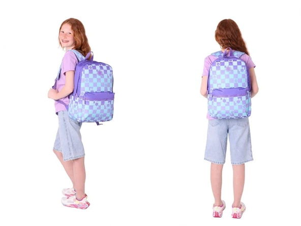 Kaukko Nature Mor Mavi Papatya ve Kare Desenli Okul Çantası ve Isı Yalıtımlı Beslenme Seti - Kız Çocuk - Resim 3