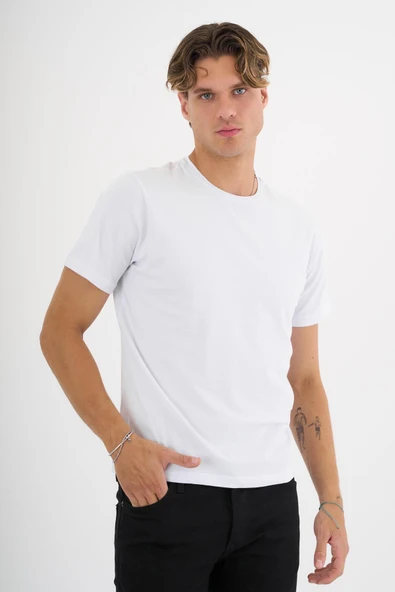 Erkek Beyaz %100 Pamuklu Standart Kalıp Likralı  Basic T-Shirt - 5