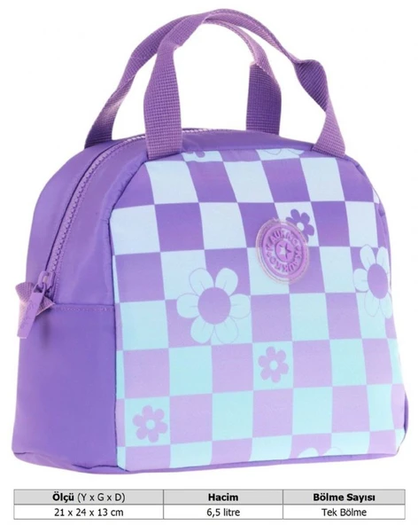 Kaukko Kız Çocuklarına Özel Mor Mavi Papatya ve Dama Baskılı Beslenme Çantası (Isı Yalıtımlı) (K9060) - Resim 3