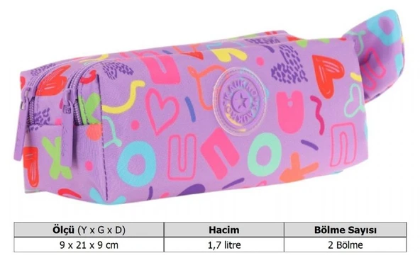 Kaukko Kız Çocuk İki Bölmeli Mor Kaukko Kalp Baskılı Kalem Çantası/Kalemlik - K2695 - Resim 3