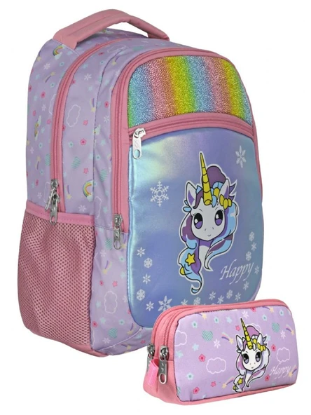 Cennec UMT5015+UMT5017 Sırt Çantası ve Kalemlik Seti (Turkuaz Pembe - Gökkuşağı Unicorn - Kız Çocuk) ürün görseli