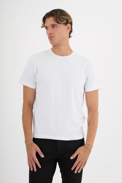 Erkek Beyaz %100 Pamuklu Standart Kalıp Likralı  Basic T-Shirt - 2