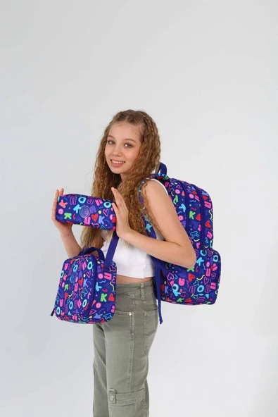 Kaukko Brokar Üçlü Okul Çanta Seti - Lacivert - Kalp ve Kaukko Baskılı - Kız Çocuk - Resim 2