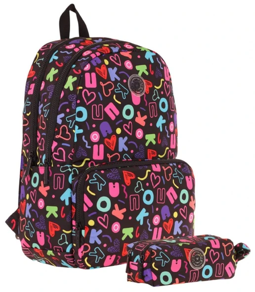 Kaukko Brokar Kalp ve Kaukko Baskılı Siyah Kız Çocuk Okul Çantası ve Kalemlik Seti ürün görseli