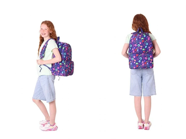 Kaukko Kız Çocuk Okul Sırt Çantası ve Beslenme Çantası Seti - Lacivert - Kalp ve Kaukko Baskılı - Resim 3