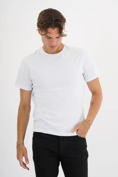 Erkek Beyaz %100 Pamuklu Standart Kalıp Likralı  Basic T-Shirt - 8