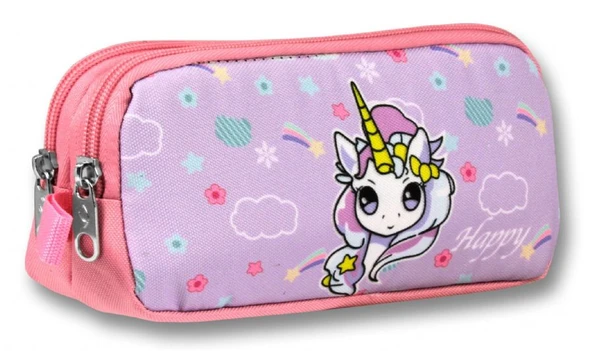 Ümit Çanta Turkuaz Pembe Gökkuşağı Unicorn Desenli Kalem Çantası - Kız Çocuk - 5017